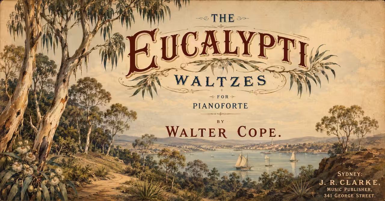 Vintage Australian landscape with eucalyptus trees overlooking Sydney Harbour, inspired by the original Eucalypti Waltzes sheet music cover.